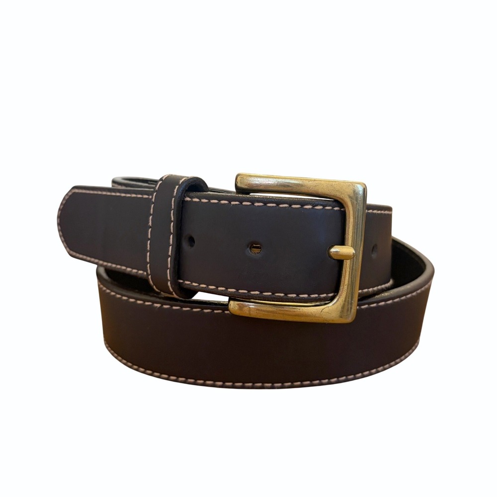 LL Bean Leather Belt Mens M 32 Dark Brown Solid Brass Contrast Stitch Made USA